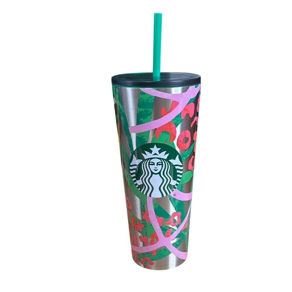 Starbucks 24oz‎ Stainless Steel Tropical Leopard Floral Cold Cup Tumbler 2020
